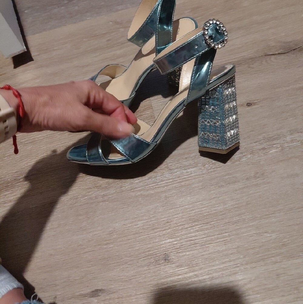Women's BETSY JOHNSON Metallic Teal Ankle-Strap Sandals - Picture 5 of 7